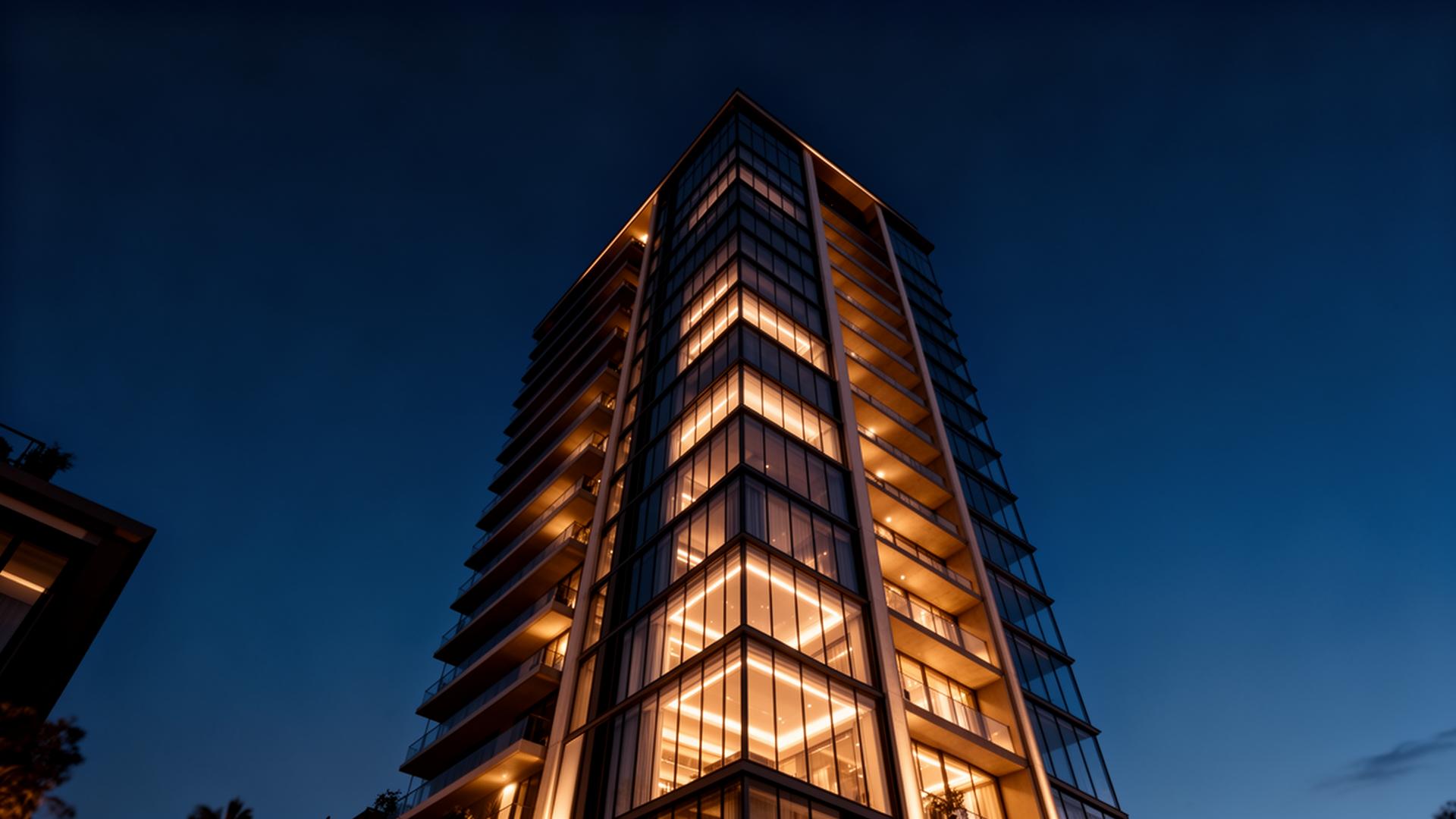 Luxury residential tower at twilight